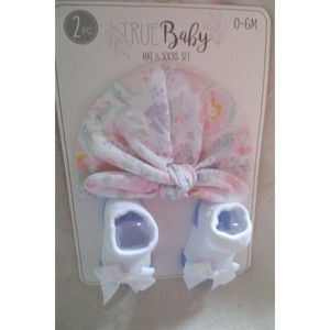 True Baby Hat floral and Socks Ribbon Set 2Pc 0-6 Months New